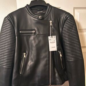 Zara Black Faux Leather Biker Jacket with Zipper Accents
